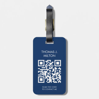 Elegant Blue White Bold Monogram QR Code Luggage Tag