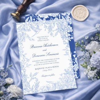Elegant Blue & White Botanical Bird Wedding Invitation