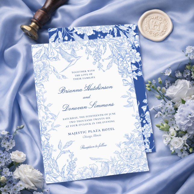 Elegant Blue & White Botanical Bird Wedding  Invitation (Creator Uploaded)