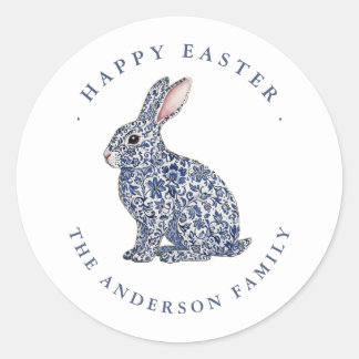 Elegant Blue & White Bunny Happy Easter Label 