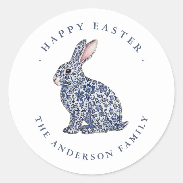 Elegant Blue & White Bunny Happy Easter Label  (Front)