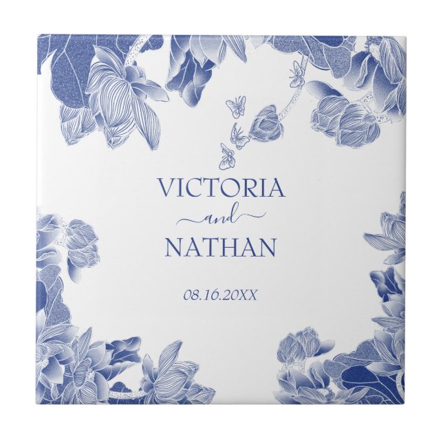 Elegant Blue White Chinoiserie Chic Floral Wedding Tile (Front)