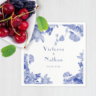 Elegant Blue White Chinoiserie Floral Wedding Napkin