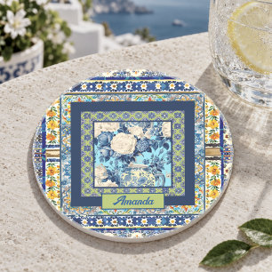 Elegant Blue White Chinoiserie Tile Monogram Coaster