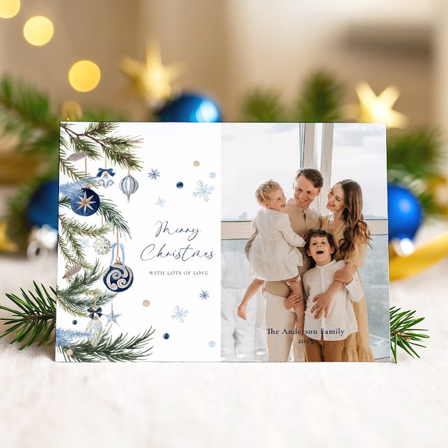 Elegant Blue White Christmas Ornament Photo Holiday Postcard (Creator Uploaded)