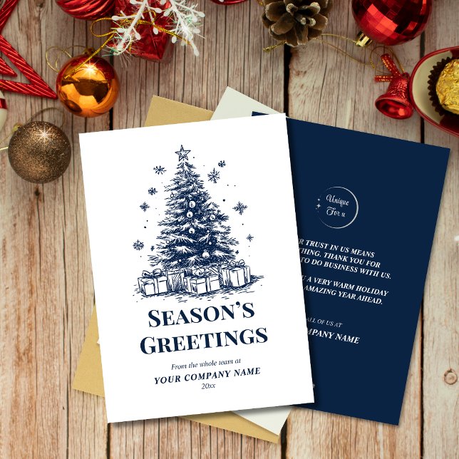 Elegant Blue & White Christmas Tree Custom Logo  Holiday Card (Creator Uploaded)