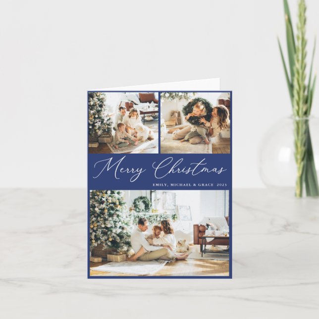 Elegant Blue&White Collage Christmas Holiday Card (Front)