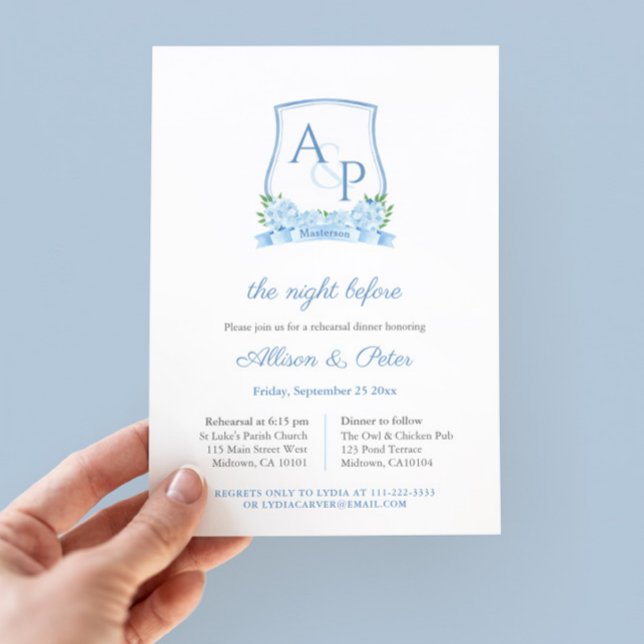 Elegant Blue White Crest Wedding Rehearsal Dinner Invitation (Timeless blue and white watercolor hydrangea monogram wedding crest wedding rehearsal dinner invite)
