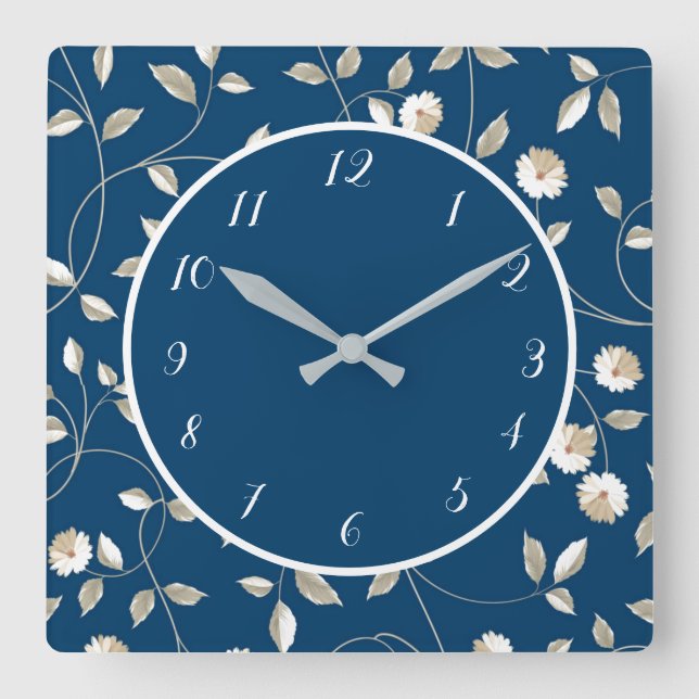 Elegant Blue White Daisies Feminine Flowers Floral Square Wall Clock (Front)