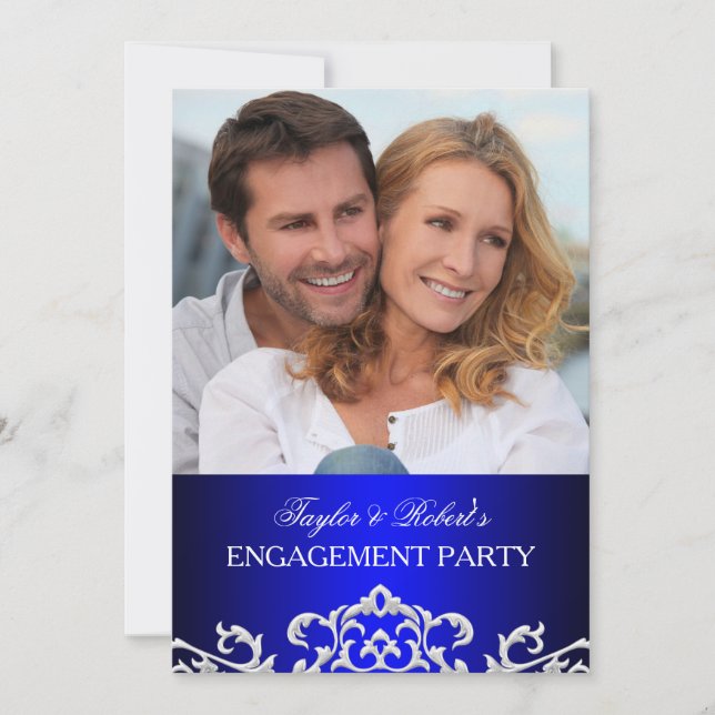Elegant Blue & White Damask Engagement Party Invitation (Front)