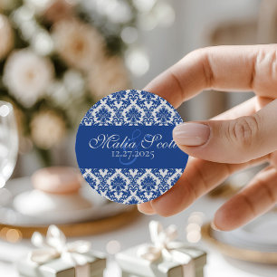 Elegant Blue White Damask Wedding Favor Classic Round Sticker