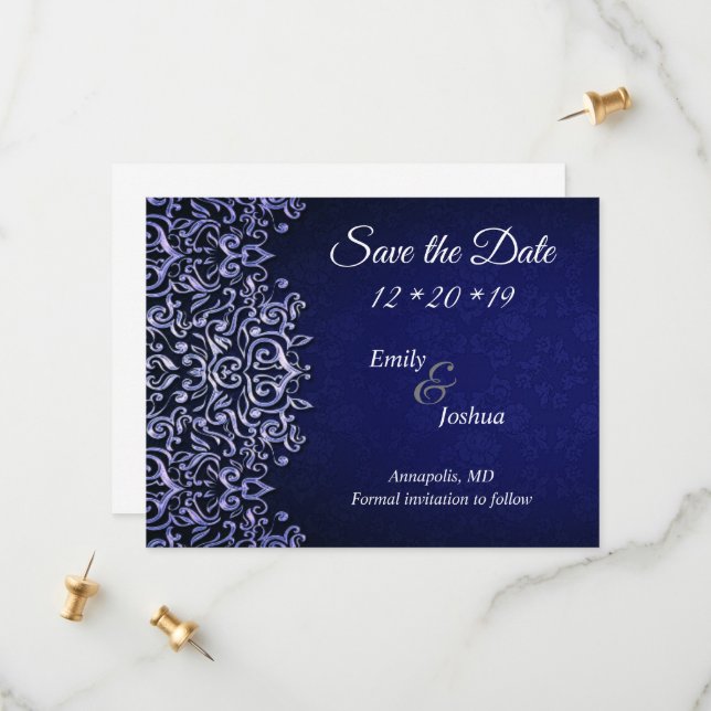 Elegant Blue & White Damask | Wedding Save The Date (Front/Back In Situ)