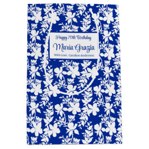 Elegant Blue White Floral 70th Birthday Medium Gift Bag