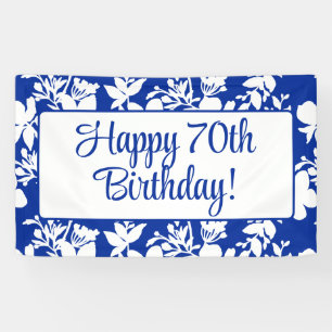 Elegant Blue White Floral 70th Birthday Party Banner