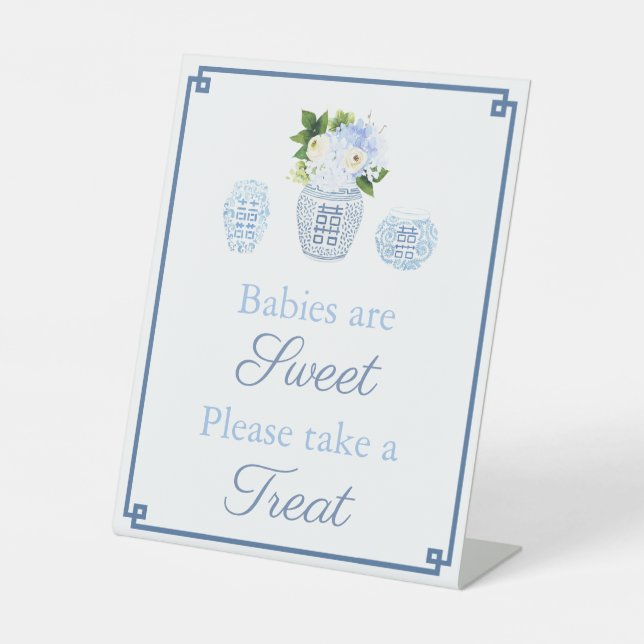Elegant Blue White Floral Baby Shower Favour Table Pedestal Sign (Front)
