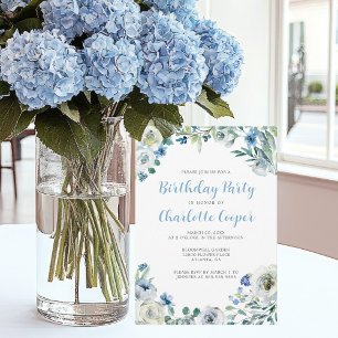 Elegant Blue White Floral Birthday Party Invitation