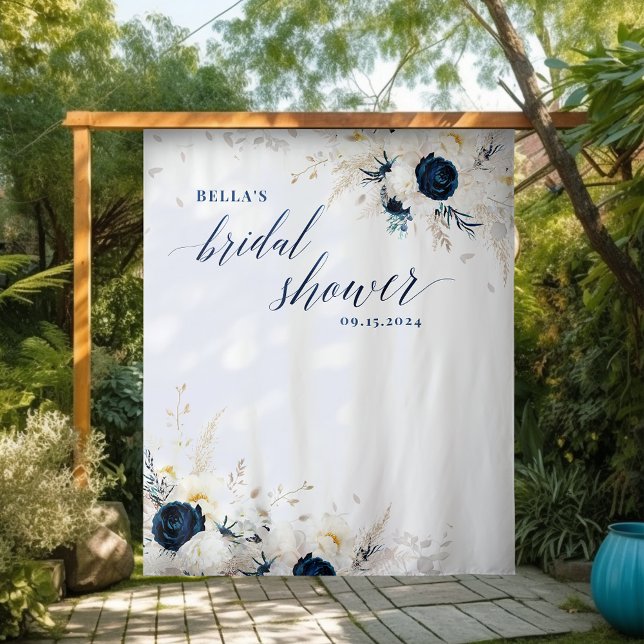 Elegant Blue White Floral Bridal Shower Backdrop Tapestry (Creator Uploaded)