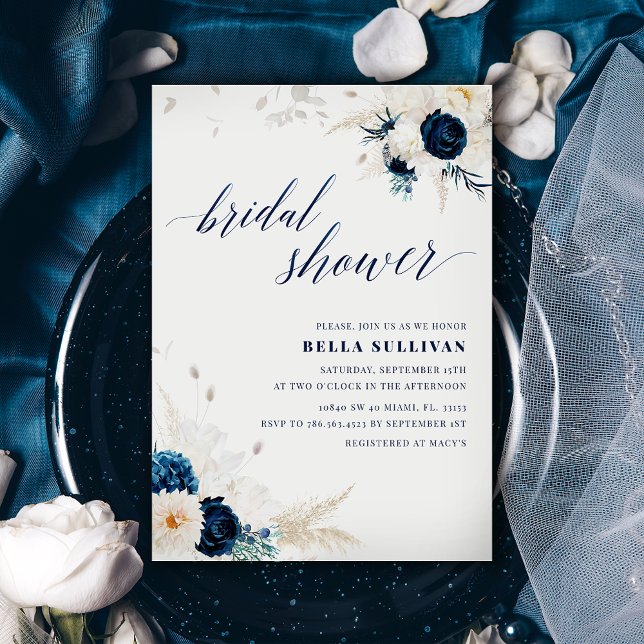 Elegant Blue & White Floral Bridal Shower Invitation (Creator Uploaded)
