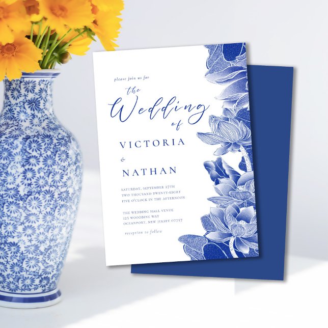 Elegant Blue & White Floral Chinoiserie Wedding  Invitation (Creator Uploaded)