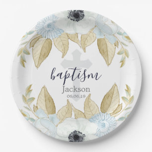 Elegant Blue & White Floral Cross Baby Baptism Paper Plate