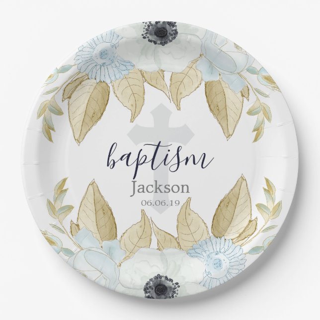 Elegant Blue & White Floral Cross Baby Baptism Paper Plate (Front)