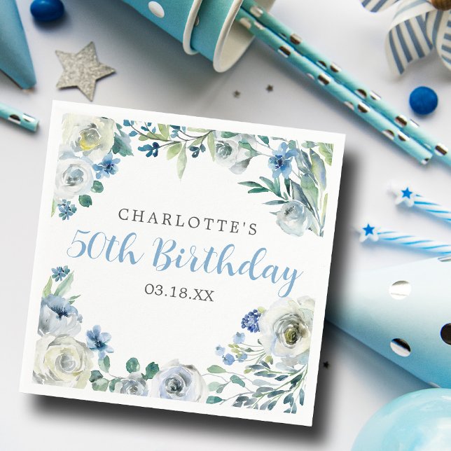 Elegant Blue White Floral Custom Birthday Party Napkin (Creator Uploaded)