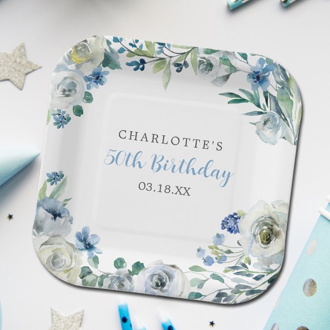 Elegant Blue White Floral Custom Birthday Party Paper Plate (Creator Uploaded)