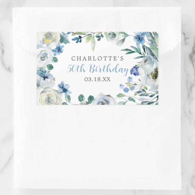 Elegant Blue White Floral Custom Birthday Party Rectangular Sticker (Bag)