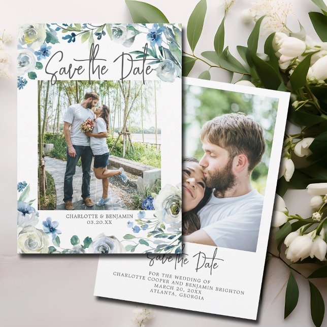 Elegant Blue White Floral Engagement Photo Spring Save The Date (Creator Uploaded)