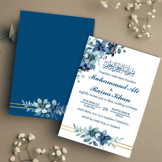 Elegant Blue White Floral Islamic Muslim Wedding Invitation