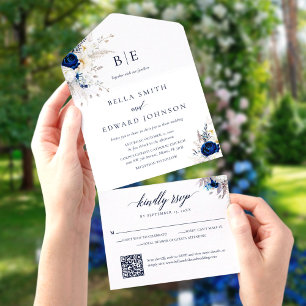 Elegant Blue White Floral Monogram Wedding QR Code All In One Invitation