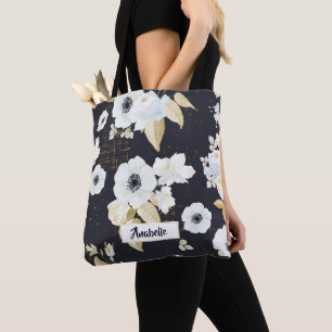 Elegant Blue & White Floral Pattern Monogram Tote Bag