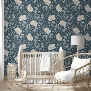 Elegant Blue & White Floral Pattern on Blue Wallpaper