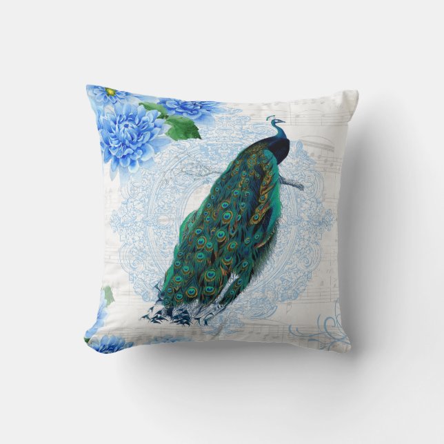 Elegant Blue & White Floral Peacock Cushion (Front)