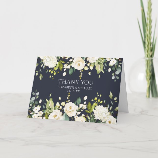 Elegant Blue&White Floral Photo Thank You Wedding Card (Front)