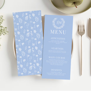 Elegant blue white floral rustic wedding menu