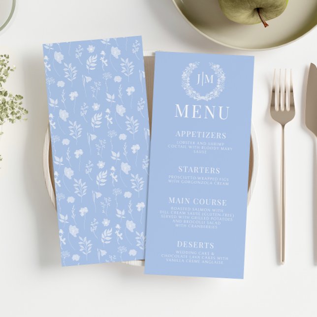 Elegant blue white floral rustic wedding menu (Creator Uploaded)