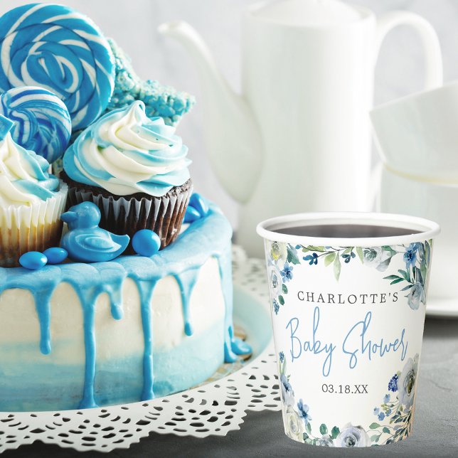 Elegant Blue White Floral Spring Boy Baby Shower Paper Cups (Creator Uploaded)