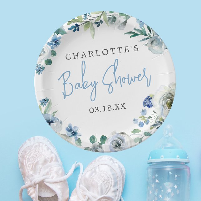 Elegant Blue White Floral Spring Boy Baby Shower Paper Plate (Creator Uploaded)