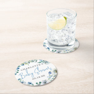 Elegant Blue White Floral Spring Boy Baby Shower Round Paper Coaster