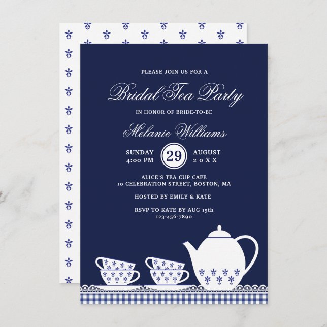 Elegant Blue White Floral Tea Party Bridal Shower Invitation (Front/Back)