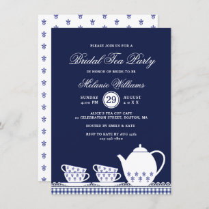 Elegant Blue White Floral Tea Party Bridal Shower Invitation