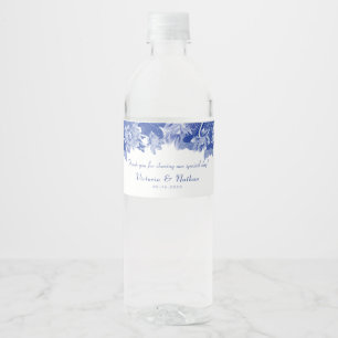 Elegant Blue White Floral Thank You Wedding Water Bottle Label
