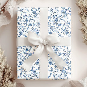 Elegant Blue & White Floral Toile Botanical Wrapping Paper