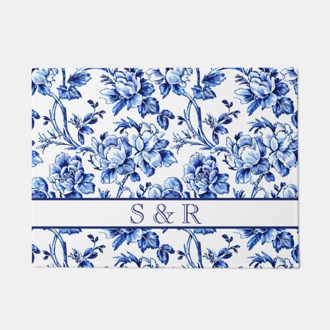 Elegant Blue White Floral Toile Wedding Doormat (Front)