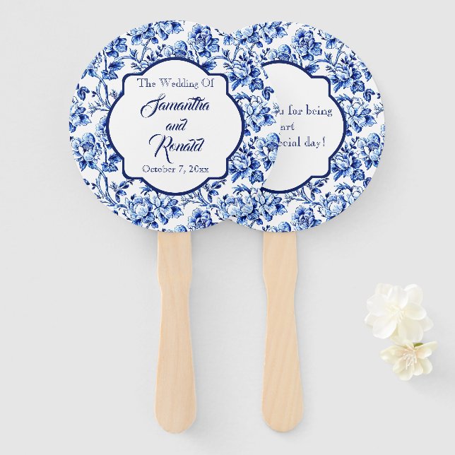 Elegant Blue White Floral Toile Wedding Hand Fan (Front and Back)