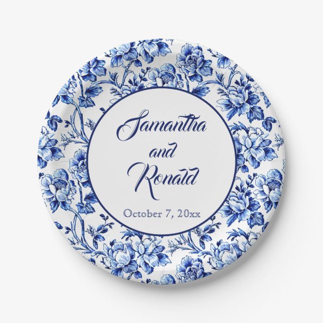 Elegant Blue White Floral Toile Wedding Paper Plate (Front)