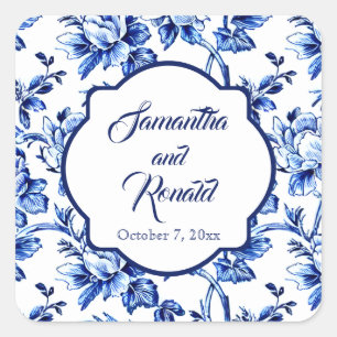 Elegant Blue White Floral Toile Wedding Square Sticker