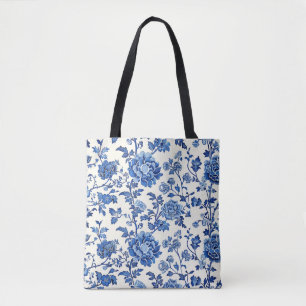 Elegant Blue & White Floral Tote Bag 