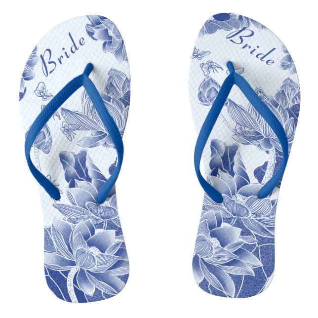 Elegant Blue White Floral Wedding Bride Jandals (Footbed)